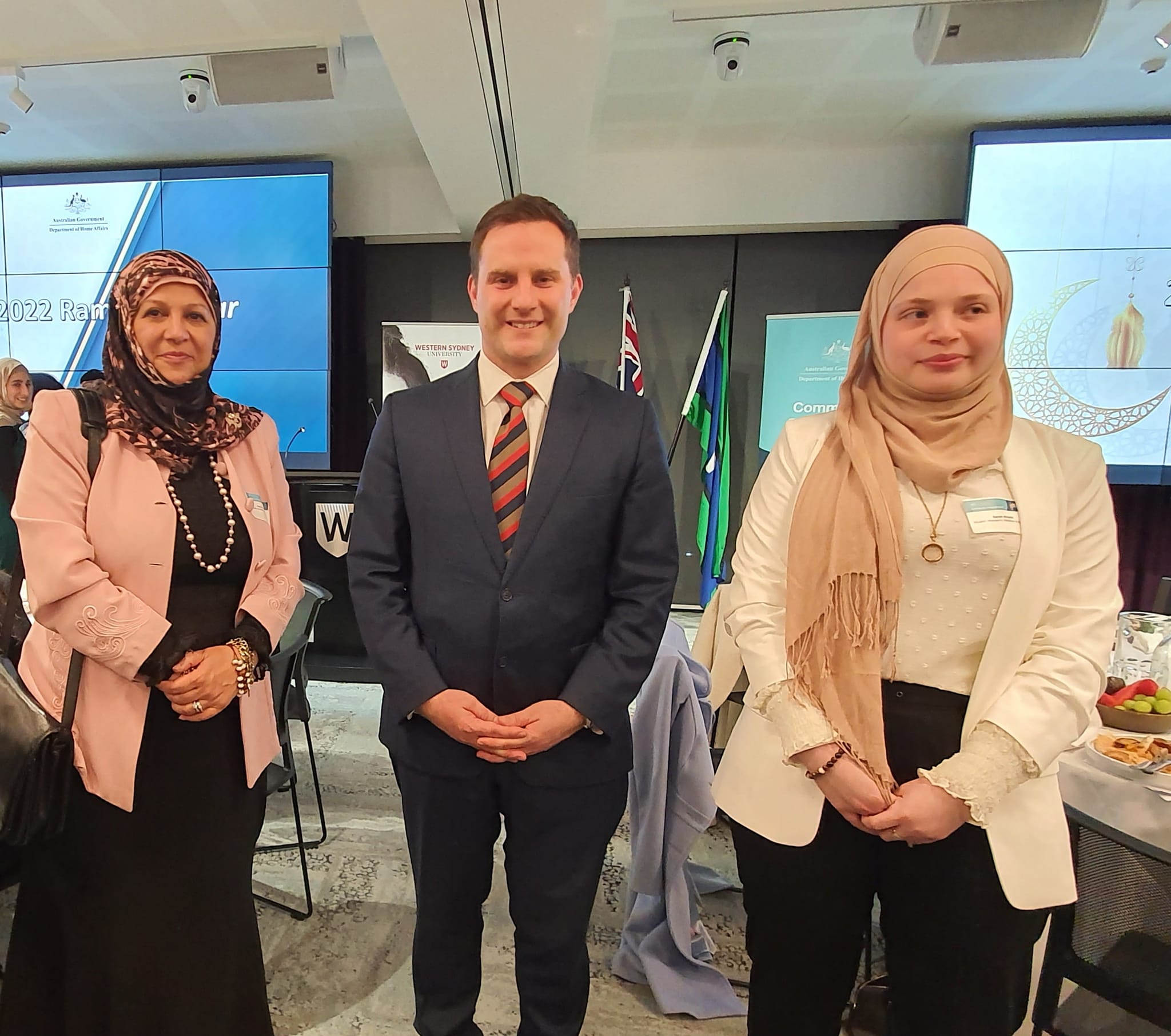 Minister for Immigration, Citizenship, Migrant Services and Multicultural Affairs, Alex Hawke & 2MFM's Hajjah Faten El Dana and Ms Sara Kahil