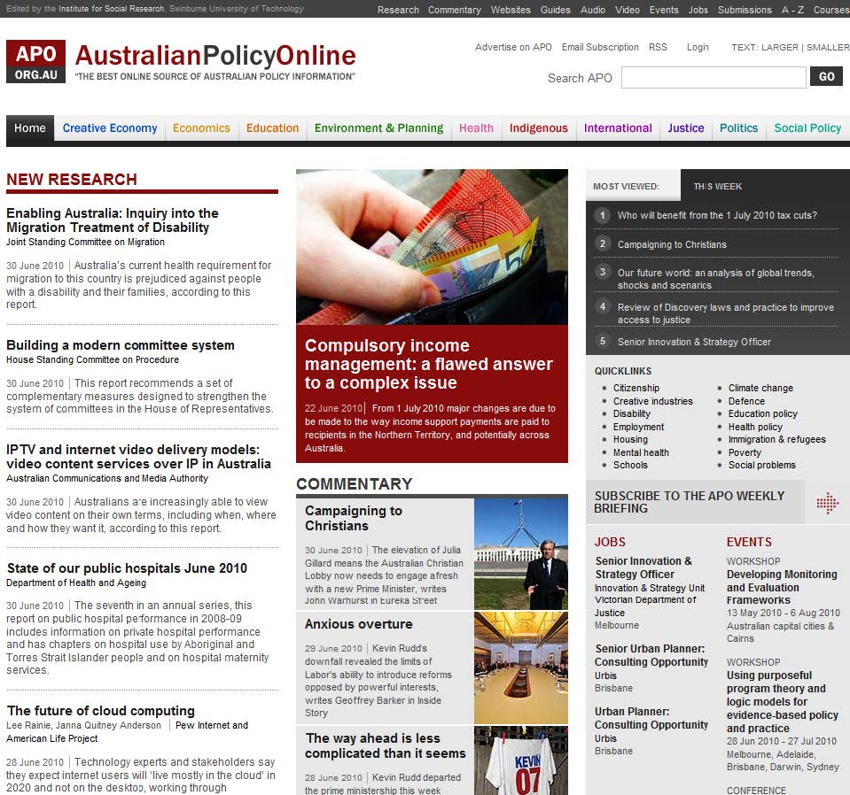 Screenshot Australian Policy Online