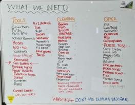 A photo of a whiteboard listing all the donations needed during the floods