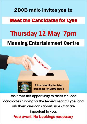 2BOB's Meet the Candidates flyer includes event details and an image of a ballot box